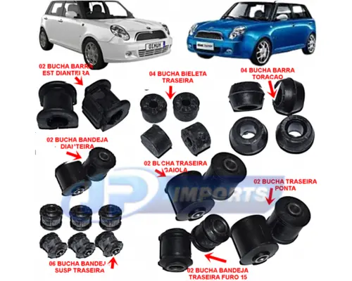 KIT BUCHA SUSPENSAO LIFAN 320 1.3 16V APOS 2010 JP001455 JP001456 JU001457 JP001462 JP001463 JP001464 JP001465 JP001466