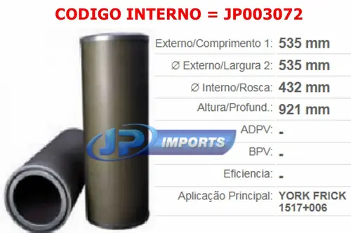FILTRO SEPARADOR ( COALESCER ) SABROE SAB202 MAE ACOPLADO 1517+006 RSC6967 JP003072 ( PRODUTO SIMILAR )